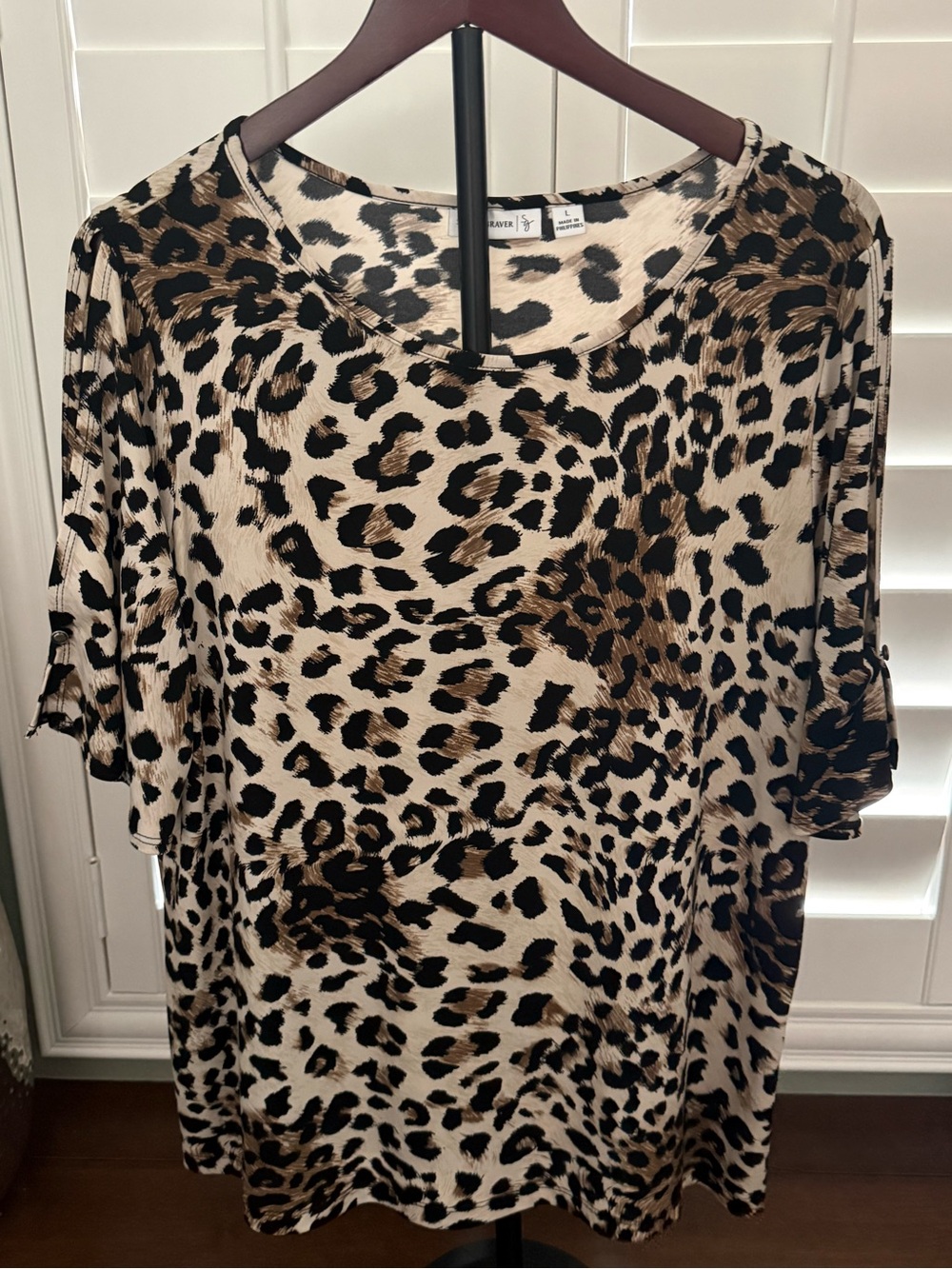 Susan Graver Leopard Print Short Open Sleeve Top - Brown/Black/Cream